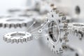 Data Dynamics: Mechanical gears and gear systems visualized through interconnected lines, dots, big data graphics with