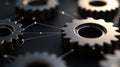 Data Dynamics: Mechanical gears and gear systems visualized through interconnected lines, dots, big data graphics with