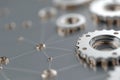 Data Dynamics: Mechanical gears and gear systems visualized through interconnected lines, dots, big data graphics with