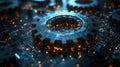 Data Dynamics: Mechanical gears and gear systems visualized through interconnected lines, dots, big data graphics with