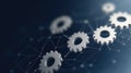 Data Dynamics: Mechanical gears and gear systems visualized through interconnected lines, dots, big data graphics with