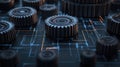 Data Dynamics: Mechanical gears and gear systems visualized through interconnected lines, dots, big data graphics with