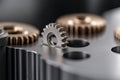 Data Dynamics: Mechanical gears and gear systems visualized through interconnected lines, dots, big data graphics with