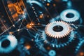 Data Dynamics: Mechanical gears and gear systems visualized through interconnected lines, dots, big data graphics with