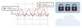 Data encryption and security concept with waveforms, cloud storage, and padlocks Royalty Free Stock Photo