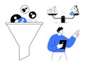 Data Filtering and Decision Making Concept with Funnel, Scales, and Professional Analysis Royalty Free Stock Photo