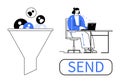 Data Filtering and Transmission Concept with Funnel Icon and Person Sending Data Online Royalty Free Stock Photo