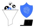 Data Filtering Process with Funnel, Security Shield, and Digital Authentication Concept Royalty Free Stock Photo