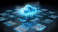 Data floating in a digital cloud, accessed by devices on the ground, visualizing the concept of remote data storage and access