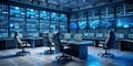 The Data Flow A Security Room with Blue Screens and Empty Chairs Royalty Free Stock Photo