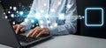 Business Person Working on Laptop with Digital Data Flow and AI Network Visualization Royalty Free Stock Photo