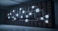 Data flow visualization over a server rack, representing cloud computing and network infrastructure Royalty Free Stock Photo