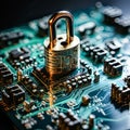Data fortress, Lock with key on a chip symbolizes robust data protection.