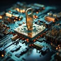 Data fortress, Lock with key on a chip symbolizes robust data protection.