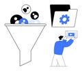 Data Filtering Funnel with User Profiles, File Organization, and Content Delivery Concept Royalty Free Stock Photo