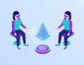 Data graph and chart report summary presented in vr virtual reality glasses concept with isometric flat style
