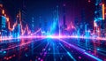 Data graphs erupt like a skyline of light, visualizing dynamic analytics over a neon-lit digital metropolis Royalty Free Stock Photo