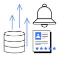 Data growth and notification concept with database, alert bell, and user profile with star ratings Royalty Free Stock Photo