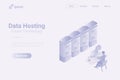 Data hosting Servers Isometric Flat white monochrome vector concept