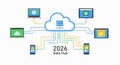 2026 Data Hub cloud computing network connection diagram linking multiple digital devices Royalty Free Stock Photo