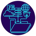 Data Integration Icon. Minimalistic neon outline on a dark blue round background Royalty Free Stock Photo