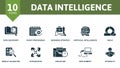 Data Intelligence icon set. Data Discovery, Event Processing, Business Strategy, Artificial Intelligence, Agile, Result