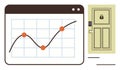 Data line chart on browser window with a secure locked door representing online protection and analytics Royalty Free Stock Photo