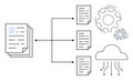 Data Processing and Cloud Storage Workflow with Document Distribution and Gear Icons Royalty Free Stock Photo
