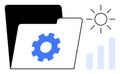 Data Management Concept with Gear Icon, Folder, Bar Graph, and Sun Symbol for Technology Solutions Royalty Free Stock Photo