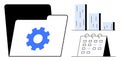 Data Management Concept with Folder, Gear, Bar Graphs, and Calendar for Workflow Organization Royalty Free Stock Photo
