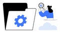 Data management concept with gear icon folder, user profile inspection, and cloud storage elements Royalty Free Stock Photo
