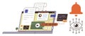Digital Content Management and Security Concept with Laptop, Notification Bell, and Surveillance Eye Royalty Free Stock Photo