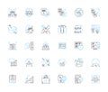 Data management linear icons set. Database, Analytics, Security, Backup, Integration, Migration, Cleansing line vector