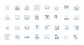 Data management linear icons set. Organization, Storage, Retrieval, Analysis, Governance, Security, Manipulation line