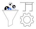 Data Filtering Process with Funnel, Gear Symbol, and Abstract User Icons Workflow Optimization Royalty Free Stock Photo