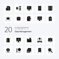 20 Data Management Solid Glyph icon Pack like gear lock media movie