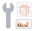 Data Management Tools with Gear Wrench, Database Diagram, and Analytics Chart Royalty Free Stock Photo