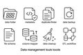 Data Management Tools Icons Set: Folder, Metadata, Duplicate Finder, Backup, Schema, Mapper, Cleanup, ETL Royalty Free Stock Photo