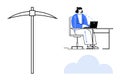 Cloud Data Mining and Remote Work Concept with Pickaxe, Worker on Laptop, and Cloud Icon Royalty Free Stock Photo