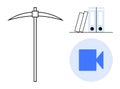 Data Mining, Online Learning, and Digital Tools Concept with a Pickaxe, Files, and Video Icon Royalty Free Stock Photo