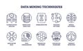 Data mining techniques and big data collection set in outline icons concept