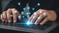 Data Network and Digital Connectivity: Hands Typing on Keyboard with Global Information System Overlay Royalty Free Stock Photo