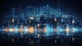 Data network with skyline as background created with Generative AI. Modern futuristic design. Royalty Free Stock Photo
