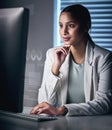 Data, overlay and computer with business woman in office for research, software and programmer. Digital, analytics and Royalty Free Stock Photo