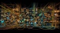 Data packets flowing through cables and routers, visualizing the intricate pathways of digital communication that make up the