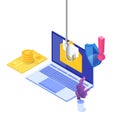 Data phishing isometric, hacking online scam on laptop concept. Fishing by email. Cyber thief. Royalty Free Stock Photo