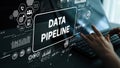 Data Pipeline Concept Illustration with Hands Typing on Keyboard and Data Analytics Graphics. Asymptotic smart data Royalty Free Stock Photo