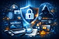 Data Privacy And Cyber Security Workspace With Hacker And Digital Protection Icons Royalty Free Stock Photo