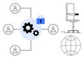 Data Privacy, Workflow Management, and Remote Work with Gears, Lock, Users, Globe, and Office Chair Royalty Free Stock Photo