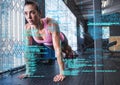 Data processing against caucasian fit woman performing push up exercise at the gym